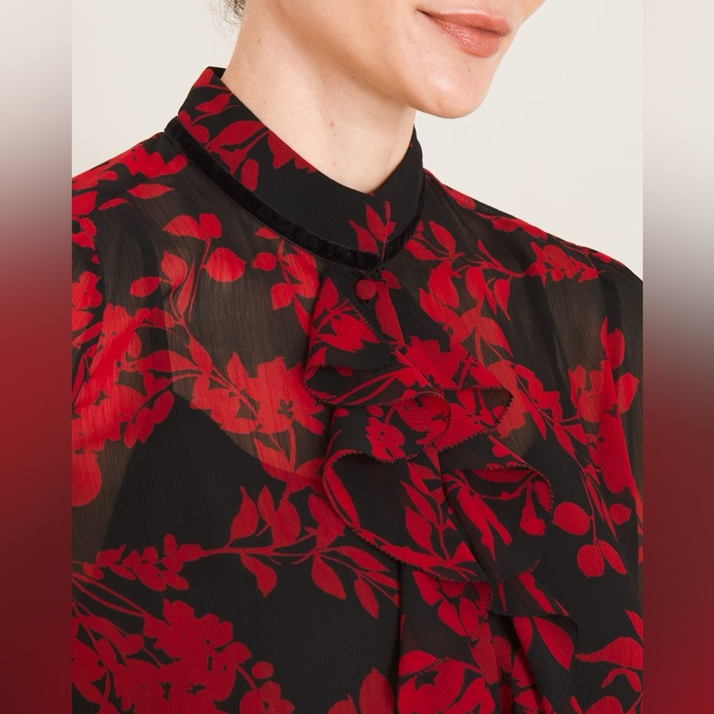 Chico’s Floral Print Red Black Sheer Ruffle Front Blouse US size 8/10 - Picture 3 of 16